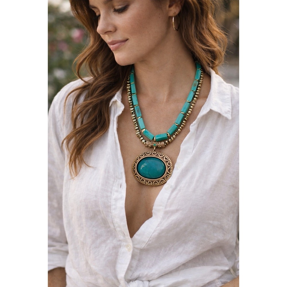Boho Turquoise-inspired Statement Necklace Layered Pendant Southwestern Chunky